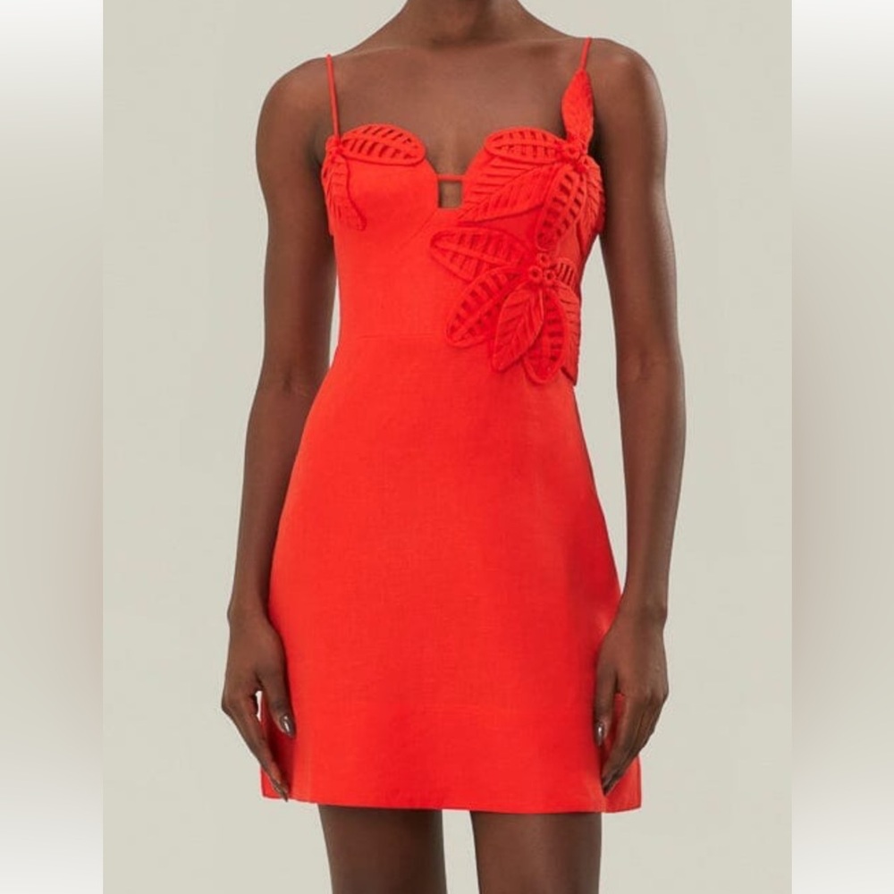 NWT Farm Rio Red 3d Flower Bodice Linen Mini Dress Size Small